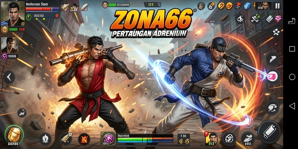 Tampilan gameplay ZONA66 yang intens dalam pertarungan Fighting.